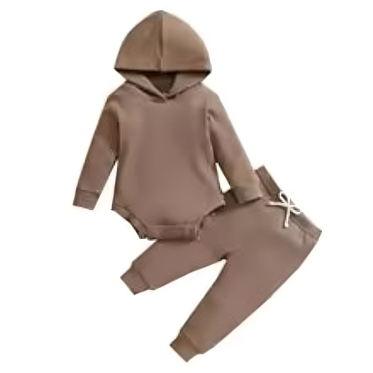 Brown baby outfit with a hooded long-sleeve bodysuit and matching pants