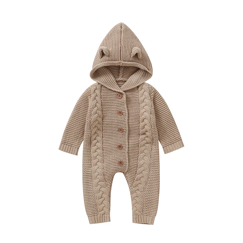 Brown cable-knit baby jumpsuit with an ear-detail hood and ribbed cuffs