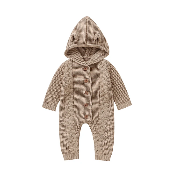 Brown cable-knit baby jumpsuit with an ear-detail hood and ribbed cuffs
