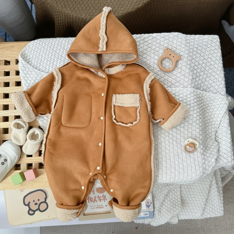 Brown hooded baby romper laid flat, showing fleece trim, chest pockets, and snap closures