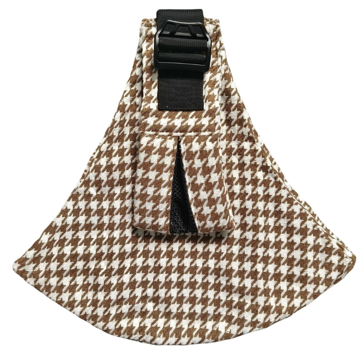 Brown-and-cream houndstooth hip carrier with a black adjustable strap