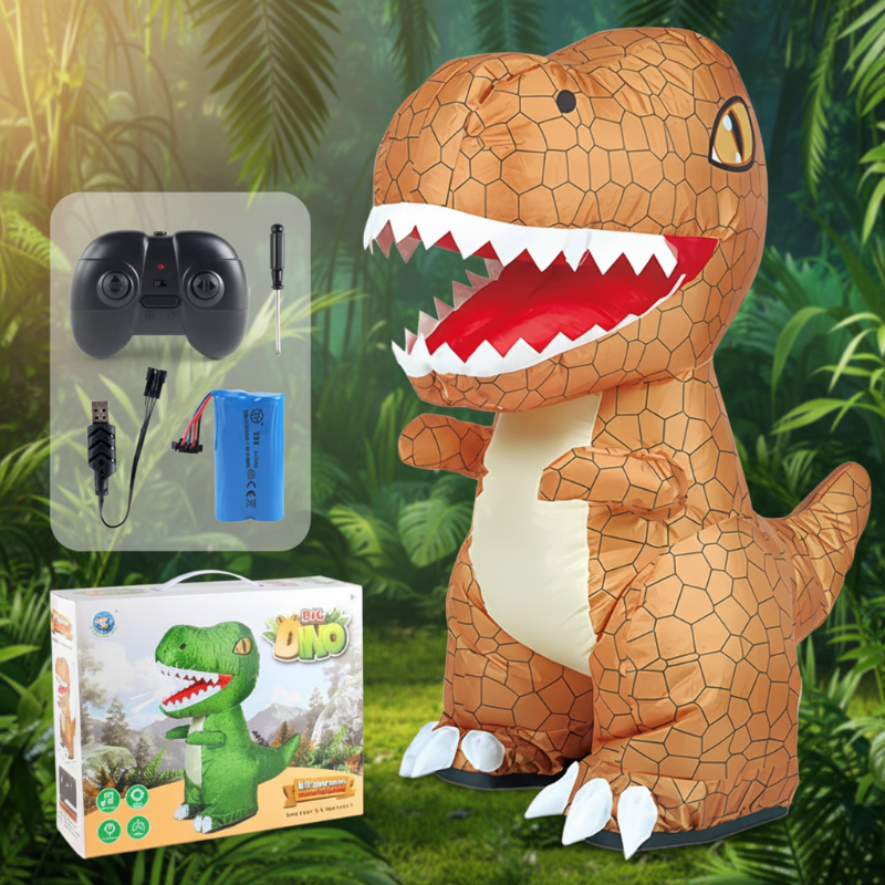 Brown inflatable T. rex with remote control, rechargeable battery, USB charging cable and retail box