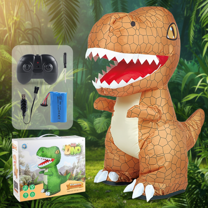 Brown inflatable T. rex with remote control, rechargeable battery, USB charging cable and retail box