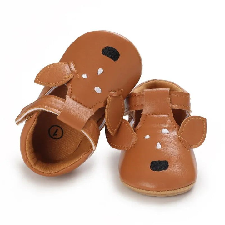 Brown kangaroo-design baby shoes with upright ears and white face details