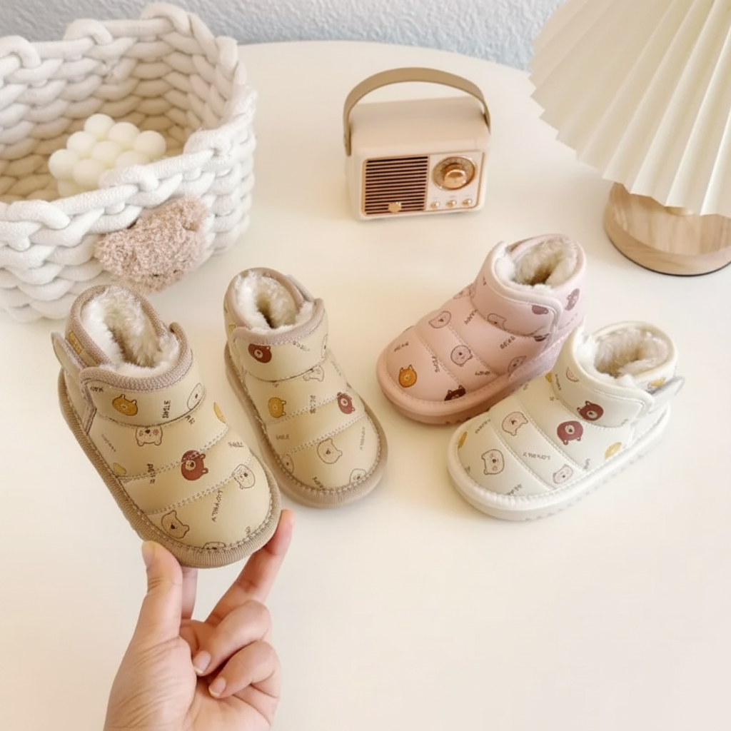 Brown animal-print ankle boot held in front of beige and pink boots on a tabletop