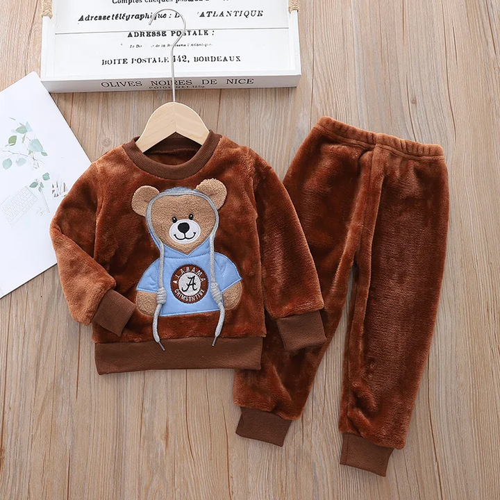 Brown bear sweatshirt and matching full-length pants arranged together