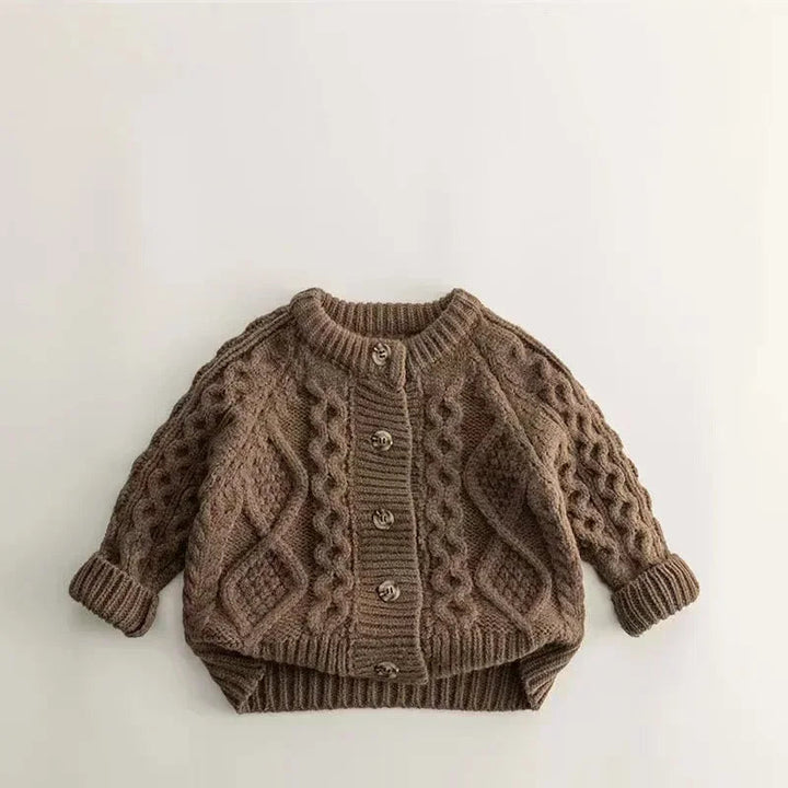 Brown knit cardigan with a round neckline, front buttons, and ribbed cuffs