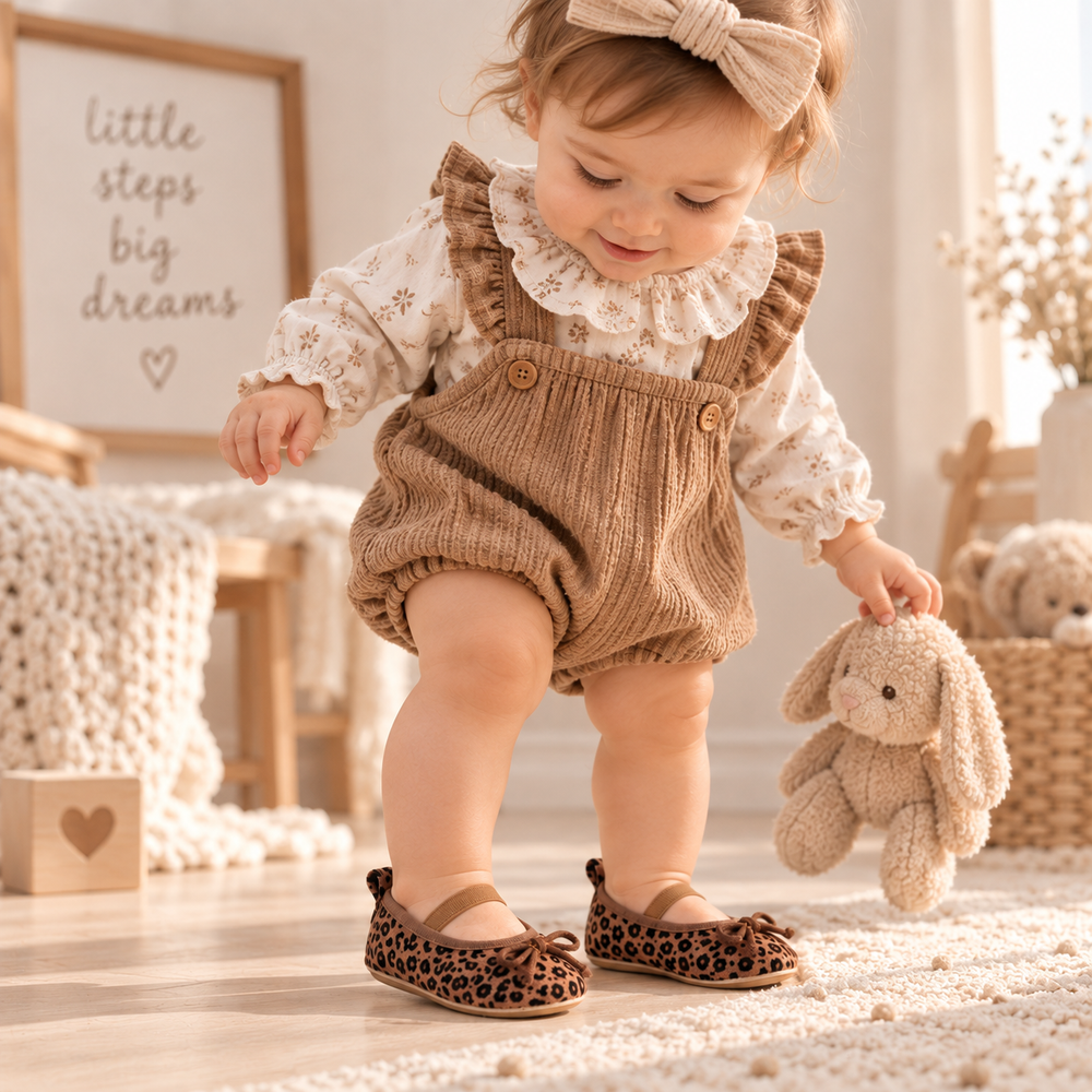 Baby in a brown romper wearing brown leopard-print bow shoes while holding a plush bunny