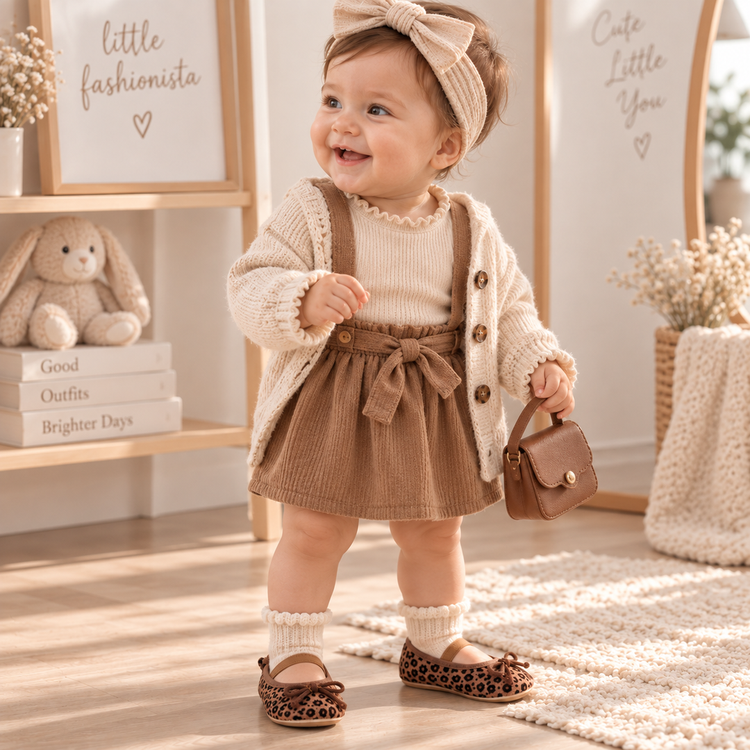 Baby wearing brown leopard-print shoes with a brown skirt and cream cardigan