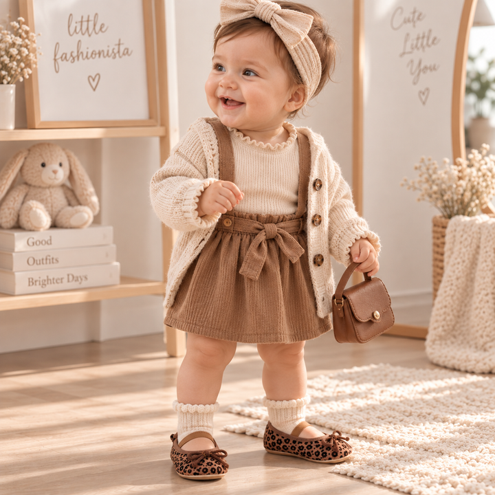 Baby wearing brown leopard-print shoes with a brown skirt and cream cardigan
