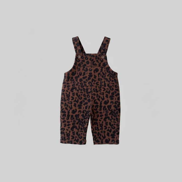Brown leopard print overalls shown alone against a light gray background