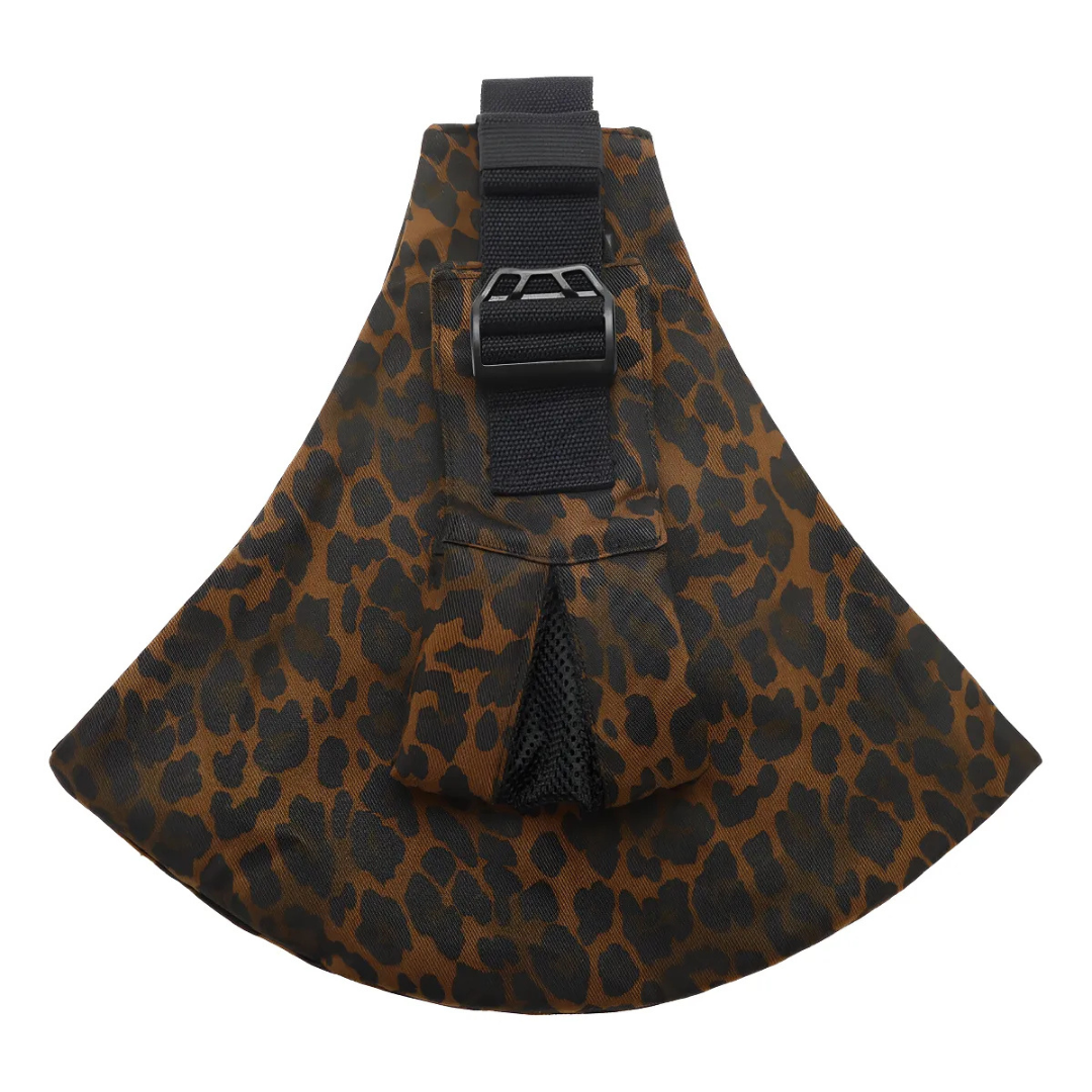 Brown leopard-print hip carrier with a black adjustable shoulder strap