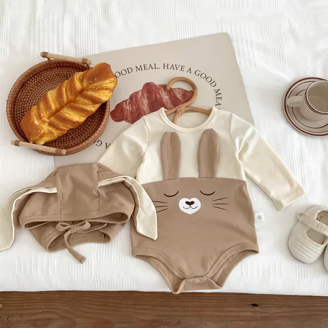 Brown long-sleeve bunny bodysuit and coordinating floppy-ear cap