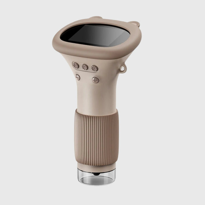 Brown handheld microscope with a black screen, front controls, and textured grip.