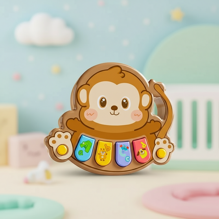 Brown monkey animal piano with four colorful keys in a pastel nursery setting