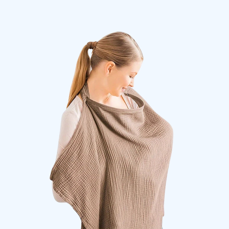 Mother wearing a brown cotton nursing scarf with an open neckline