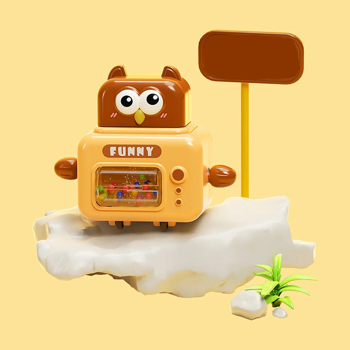 Brown owl toy car with a front bead roller, side arms, and small wheels