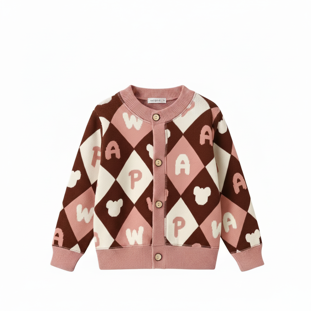 Brown and pink diamond-pattern cardigan with letter motifs and a pink button front