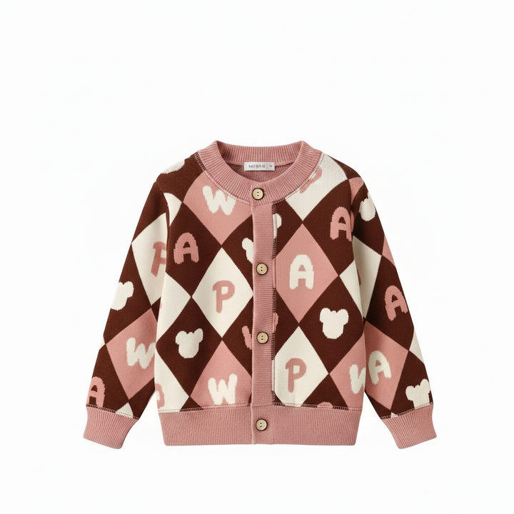 Brown and pink diamond-pattern cardigan with letter motifs and a pink button front
