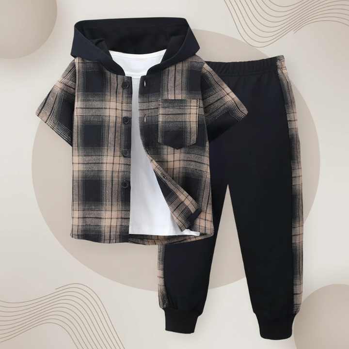 Brown and black plaid hooded top with black pants featuring coordinating side stripes
