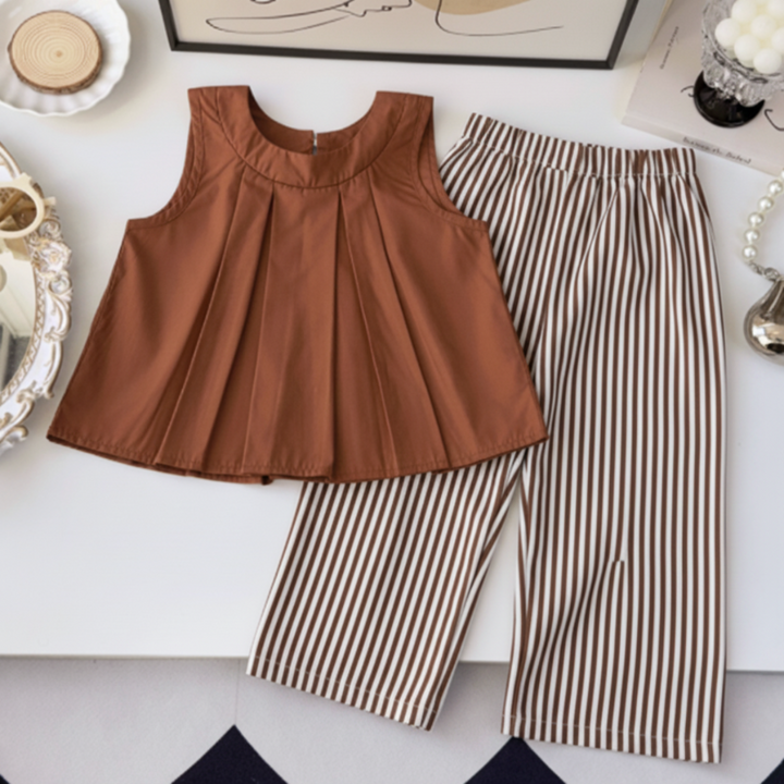 Brown pleated sleeveless top paired with brown-and-white striped pants
