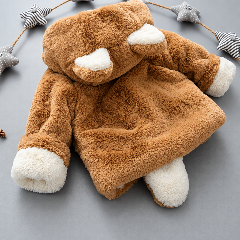Brown plush jacket laid flat from the back, showing hood ears, cream cuffs and a small tail