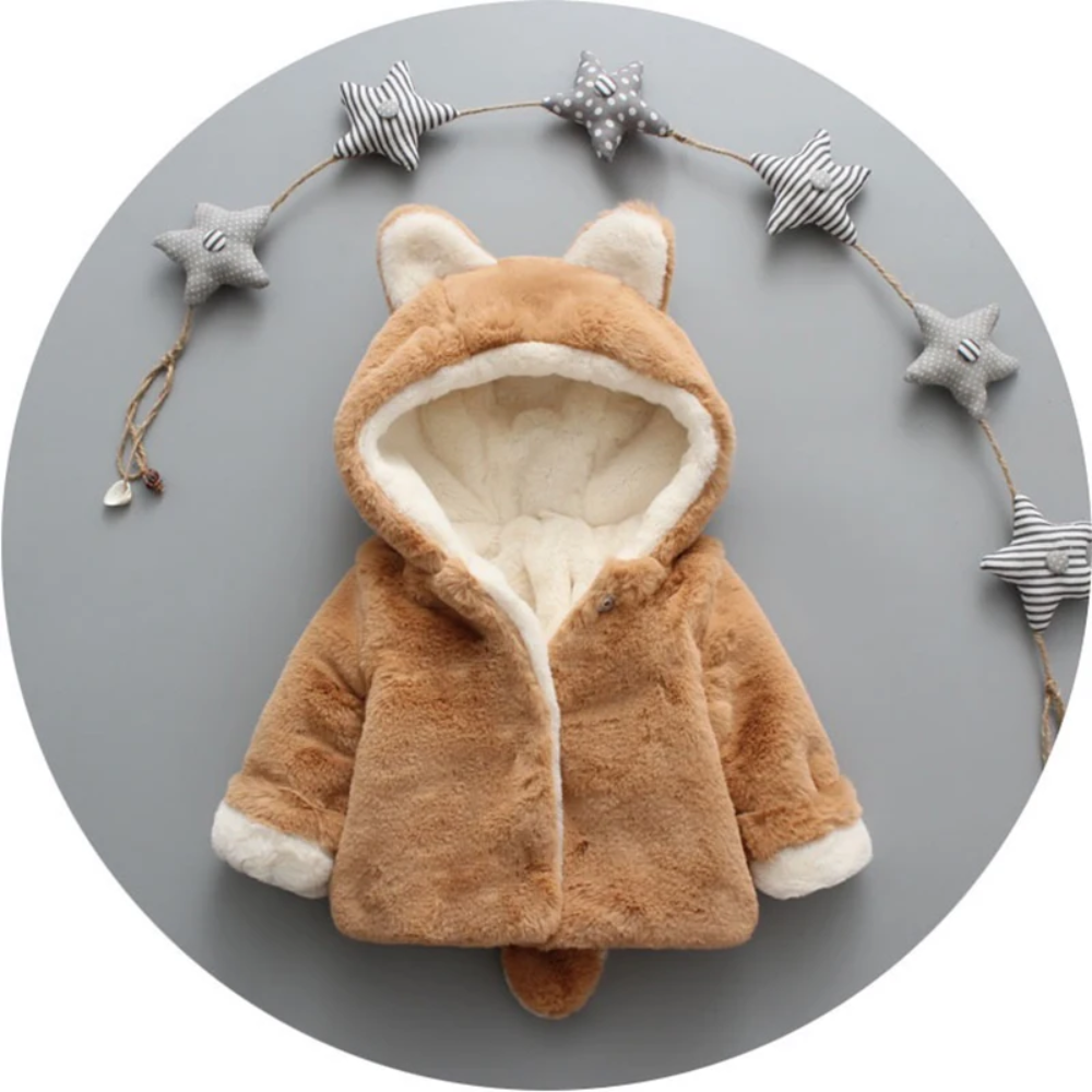 Front view of the brown plush hooded jacket with cream lining and animal ears