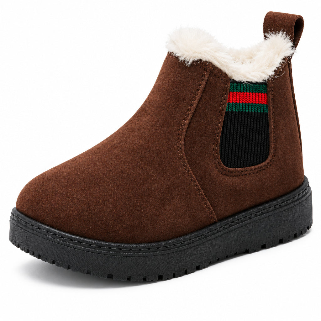 Single brown suede winter boot with a cream plush collar and striped elastic side panel.