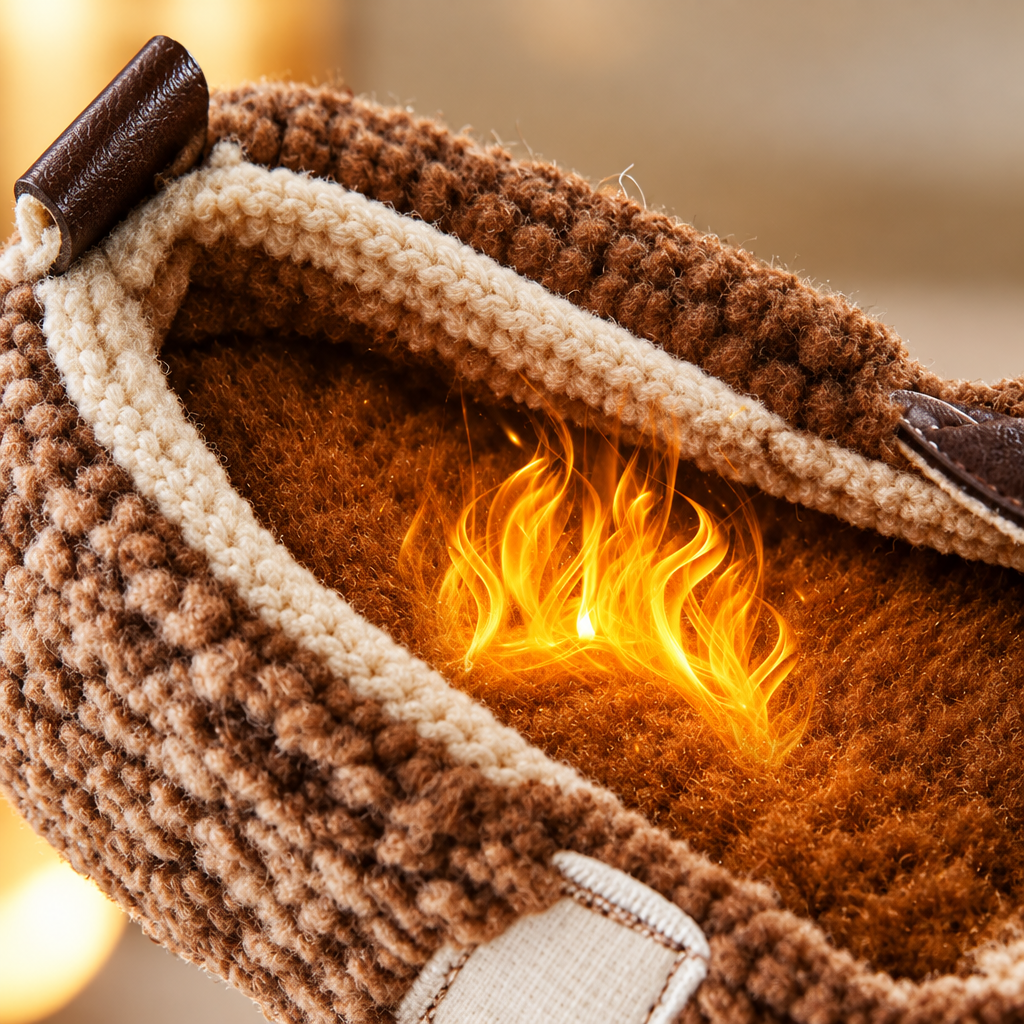 Brown shoe interior with plush lining and an illustrated flame graphic