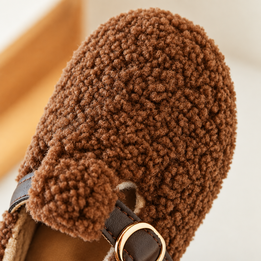 Close-up of the brown plush upper and round buckle on a winter shoe