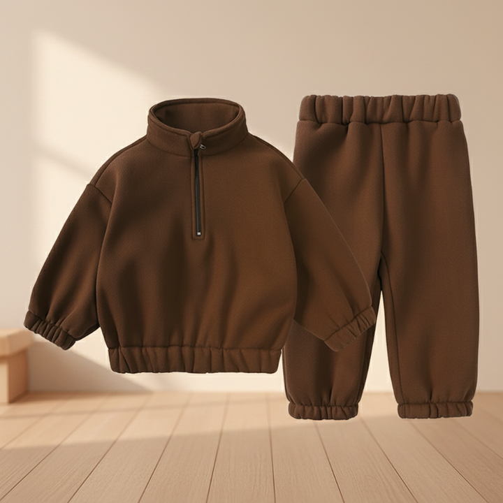 Brown quarter-zip sweatshirt and matching elastic-waist joggers