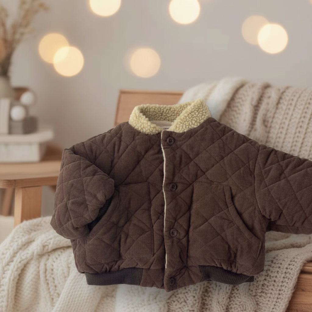 Brown button-front quilted coat displayed on a chair with a knit blanket