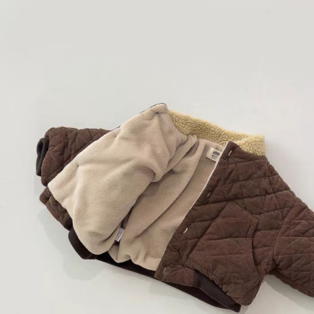 Brown quilted coat opened to show the soft fleece lining and sherpa collar