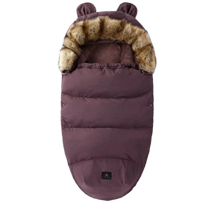 Brown quilted stroller footmuff with a faux fur collar and small matching ears