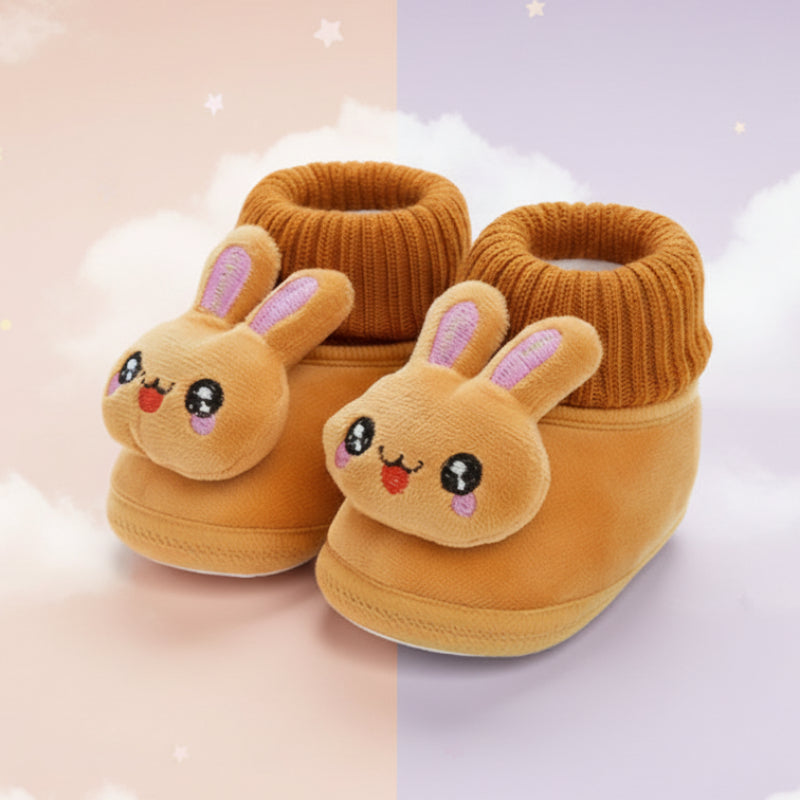 Brown rabbit baby slippers with plush faces and pink ear details