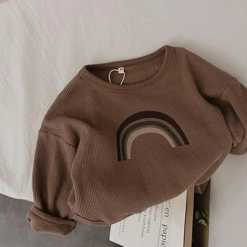 Brown textured long sleeve T-shirt with a tonal rainbow print