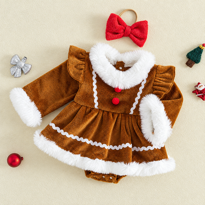 Long-sleeve brown baby romper laid flat with fluffy white trim and a red bow headband.