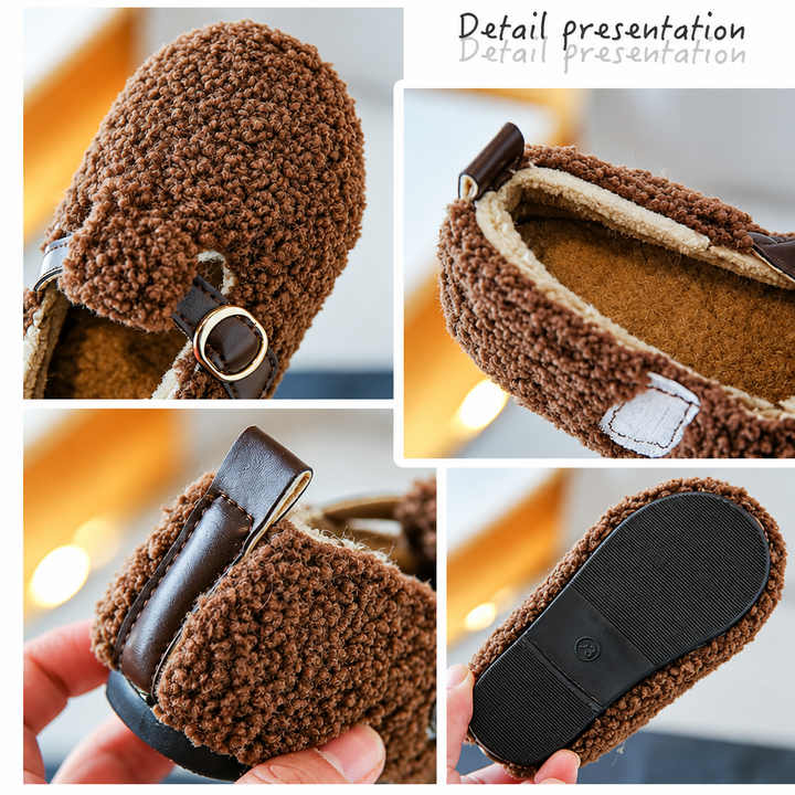 Detail collage of a brown plush shoe showing the upper, lining, heel loop, and outsole