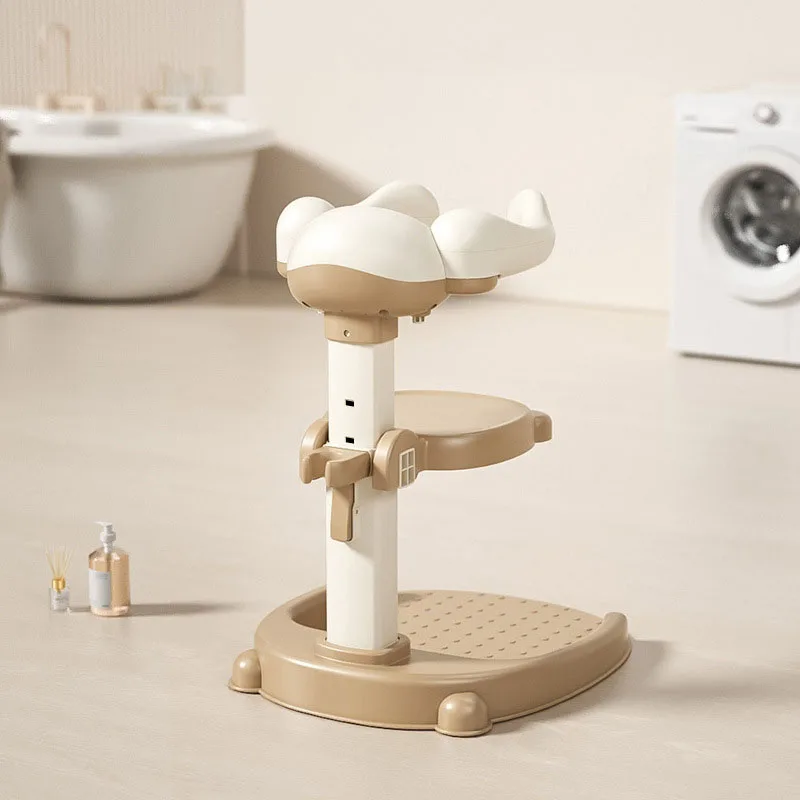 Brown toddler shower stand with a central stool