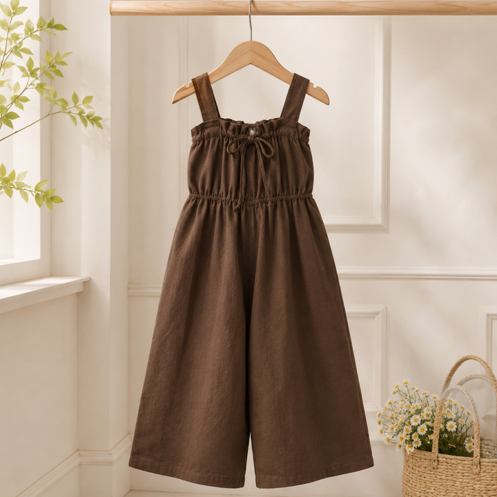 Brown sleeveless jumpsuit hanging by a window, showing its gathered waist and wide legs