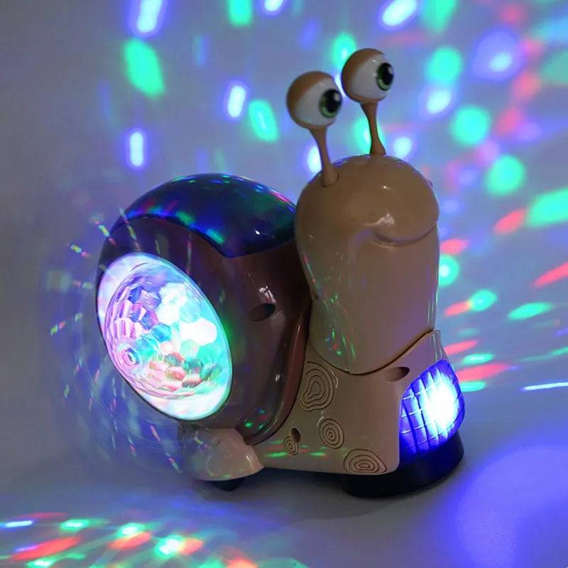Brown snail toy with an illuminated shell and colorful light patterns around it