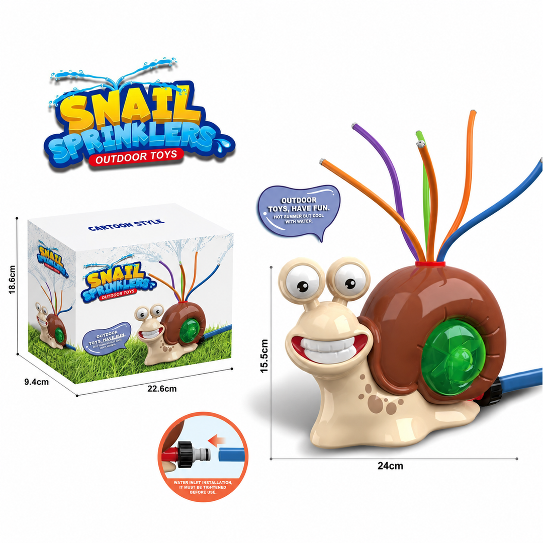 Brown and cream snail sprinkler with multicolored spray tubes and a green shell detail