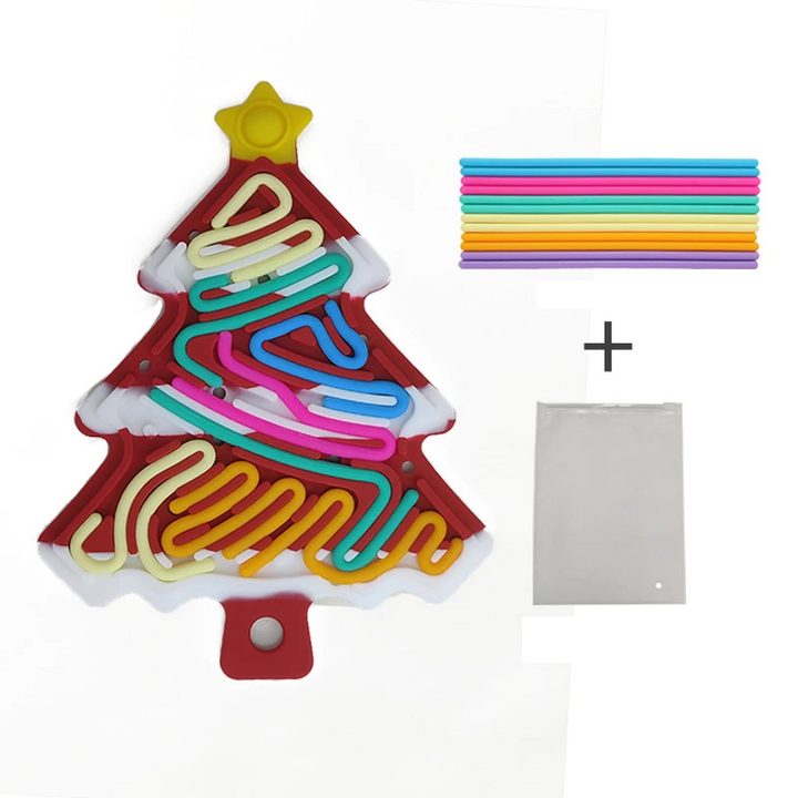 Brown snow-accented Christmas tree fidget with colorful cords and a storage bag