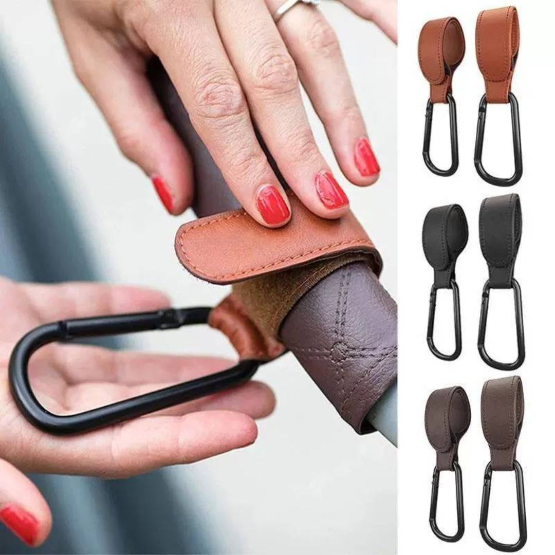 Hands fastening a brown stroller hook strap around a handlebar, alongside three color options