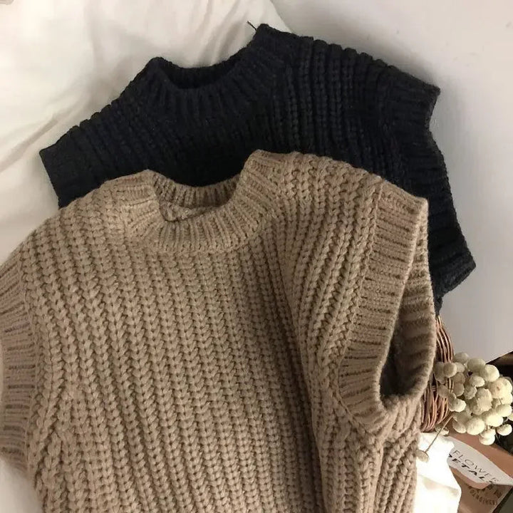 Brown sweater vest with a ribbed crew neckline and armholes, with a black vest behind