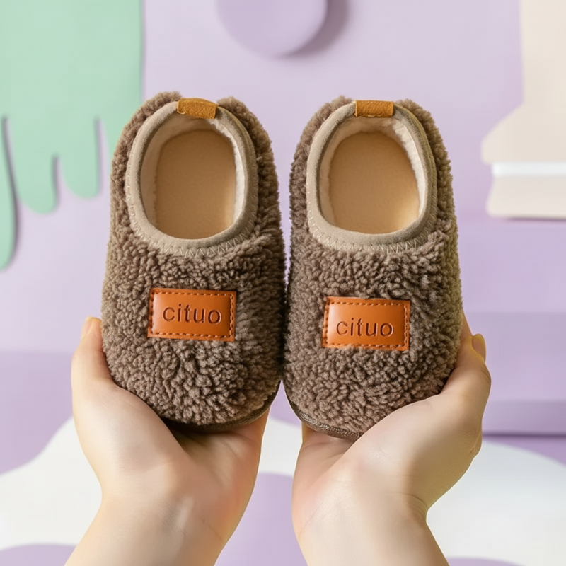 Brown textured slippers with tan front patches and soft inner linings