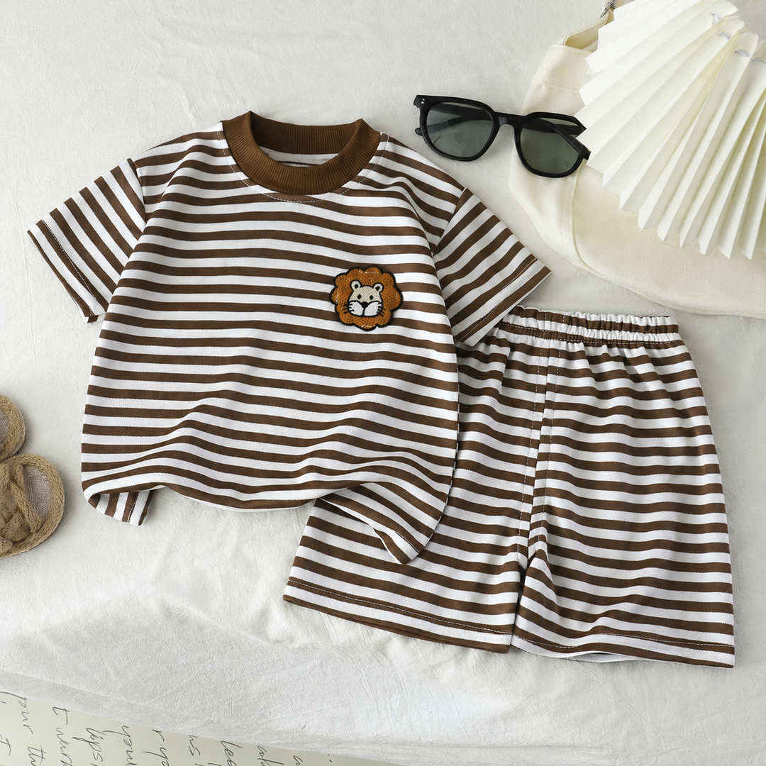 Brown-and-white striped T-shirt with a lion chest patch and matching shorts.