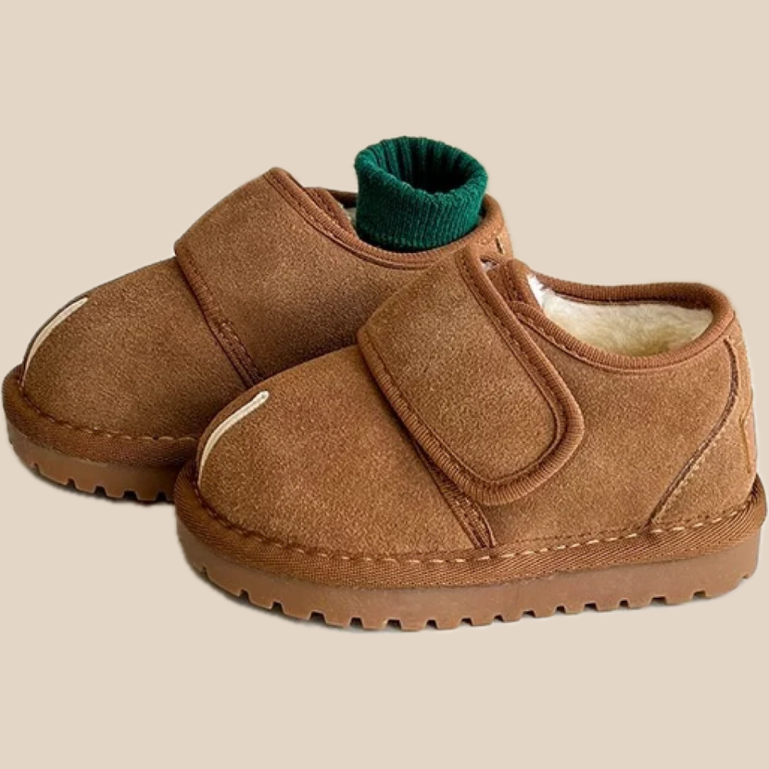 Side view of brown plush-lined children&