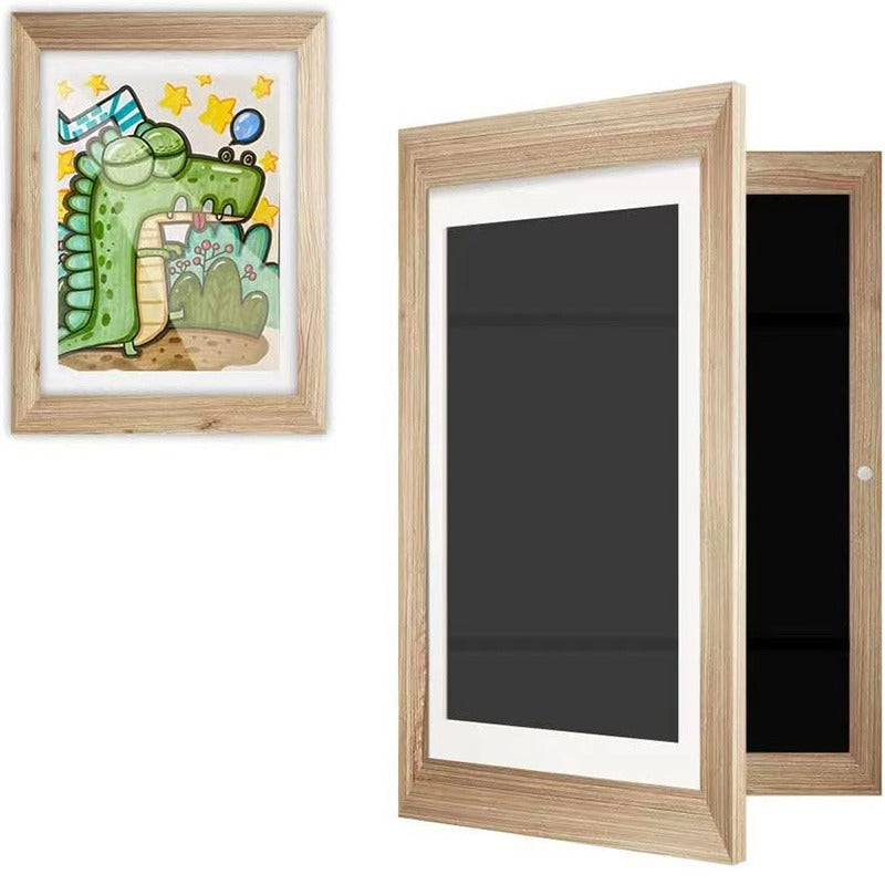 Brown wooden art frame shown open and closed with a colorful cartoon drawing