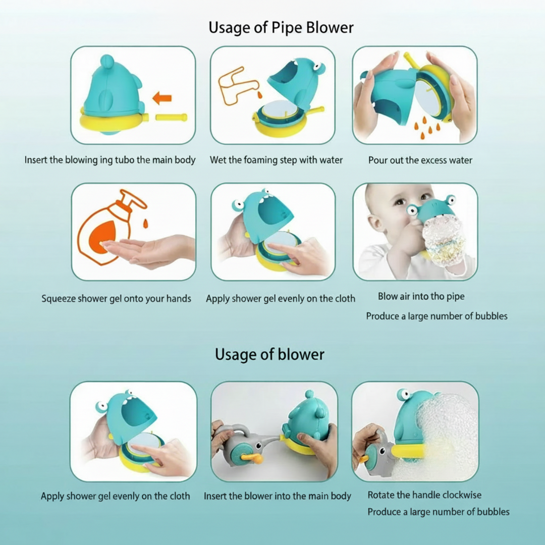 Instruction chart showing foaming cloth preparation, mouth-blowing, and hand-crank use